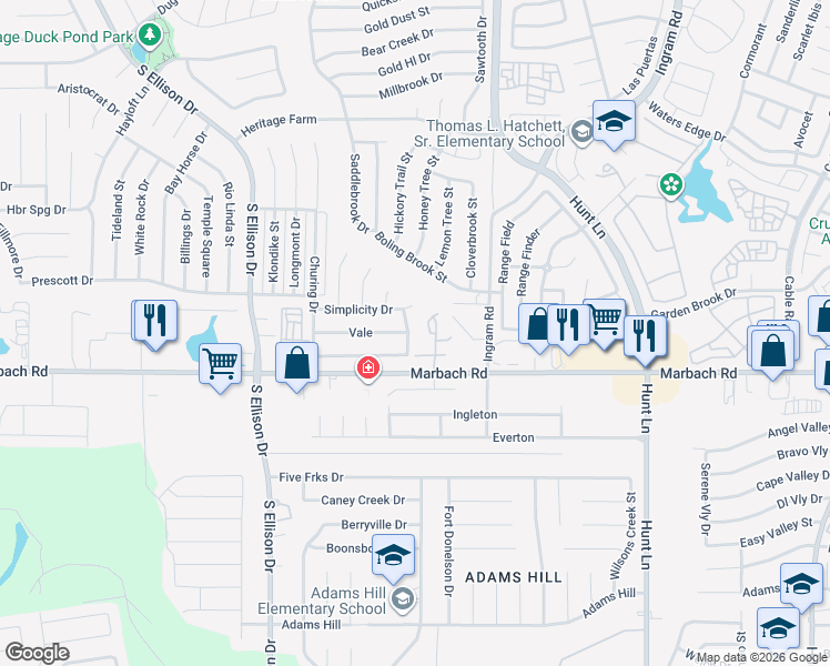 map of restaurants, bars, coffee shops, grocery stores, and more near 65 Autumn Pass in San Antonio
