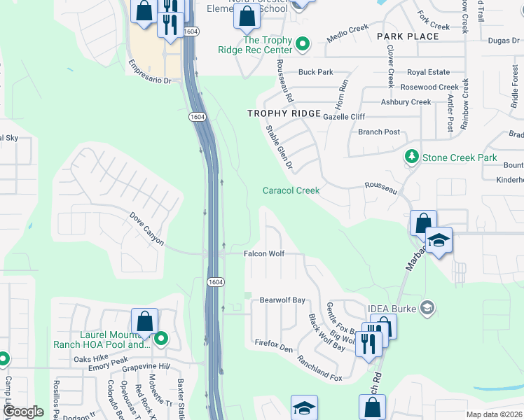 map of restaurants, bars, coffee shops, grocery stores, and more near 1307 Alaskan Wolf in San Antonio