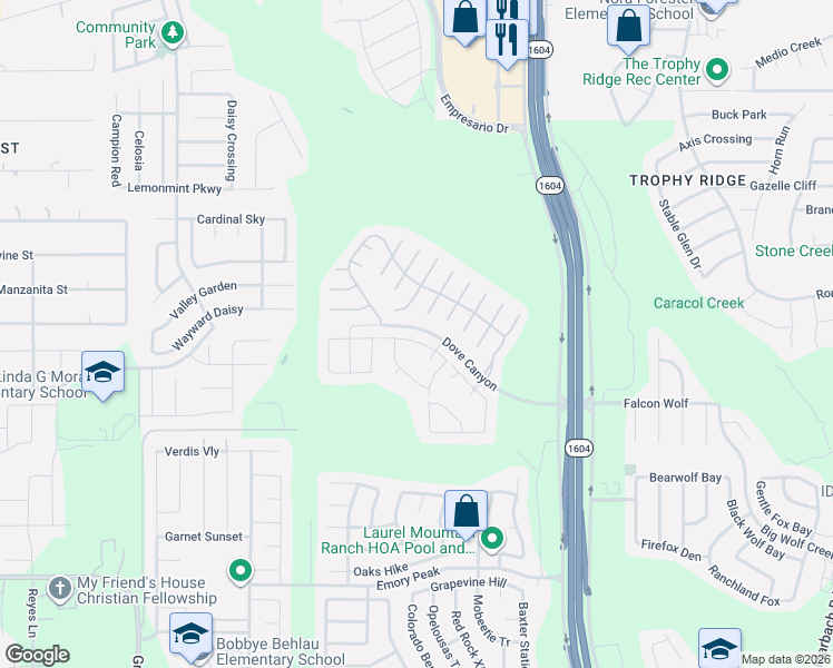 map of restaurants, bars, coffee shops, grocery stores, and more near 11335 Creek Eagle in San Antonio
