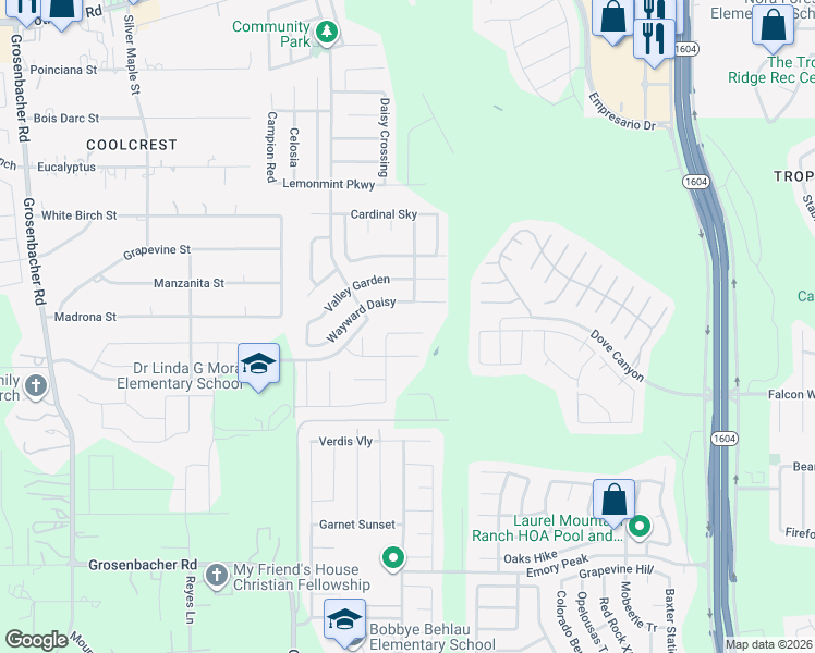 map of restaurants, bars, coffee shops, grocery stores, and more near 11618 Wayward Daisy in San Antonio