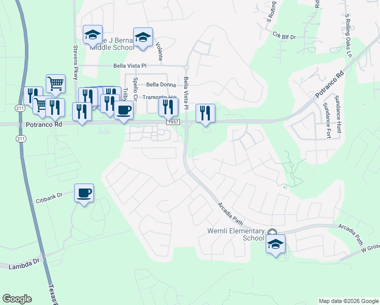 map of restaurants, bars, coffee shops, grocery stores, and more near 1306 Parlia Lane in San Antonio