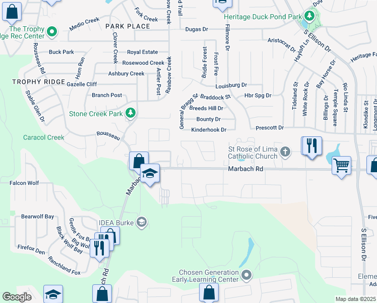map of restaurants, bars, coffee shops, grocery stores, and more near 10229 Robbins Creek in San Antonio