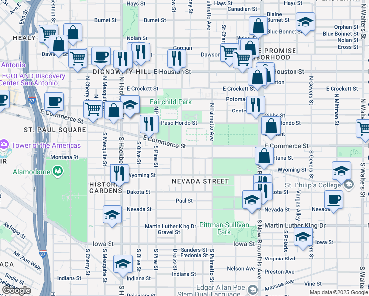 map of restaurants, bars, coffee shops, grocery stores, and more near 1814 East Commerce Street in San Antonio