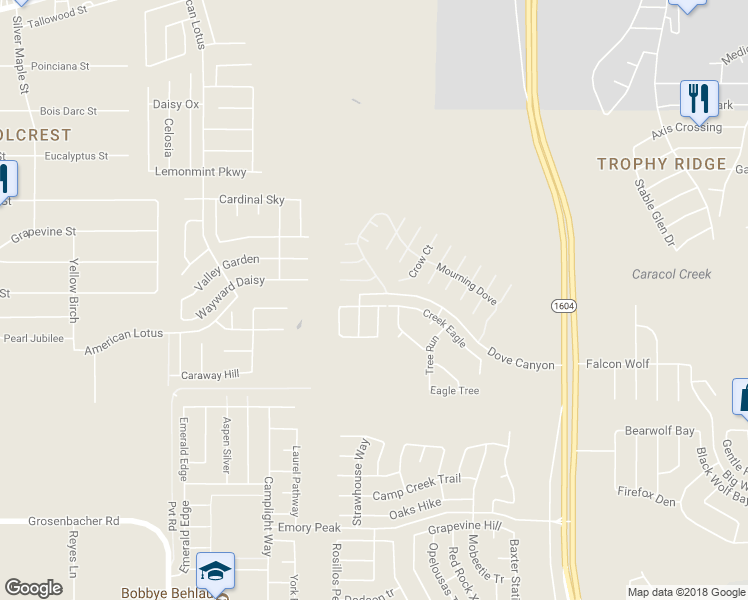 map of restaurants, bars, coffee shops, grocery stores, and more near 11431 Creek Eagle in San Antonio