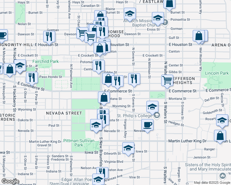 map of restaurants, bars, coffee shops, grocery stores, and more near 2314 East Commerce Street in San Antonio