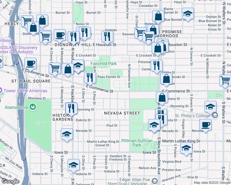 map of restaurants, bars, coffee shops, grocery stores, and more near 1814 East Commerce Street in San Antonio