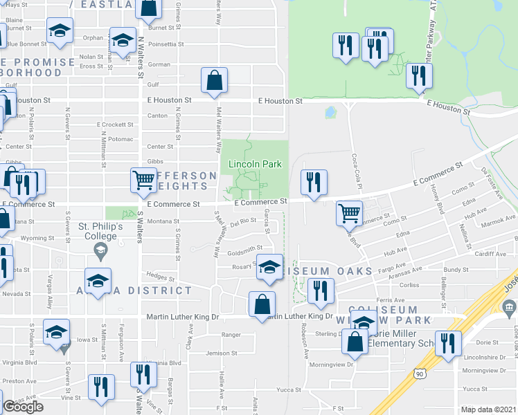 map of restaurants, bars, coffee shops, grocery stores, and more near 2910 East Commerce Street in San Antonio