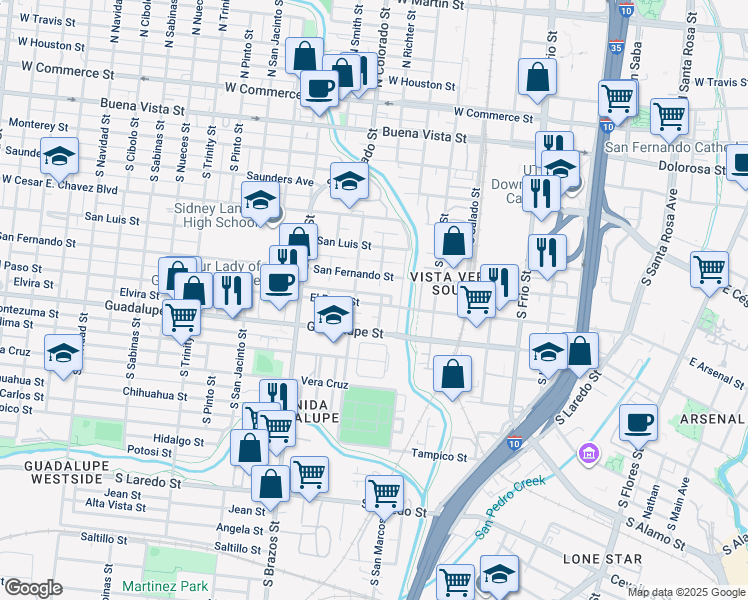 map of restaurants, bars, coffee shops, grocery stores, and more near 203 Torreon Street in San Antonio