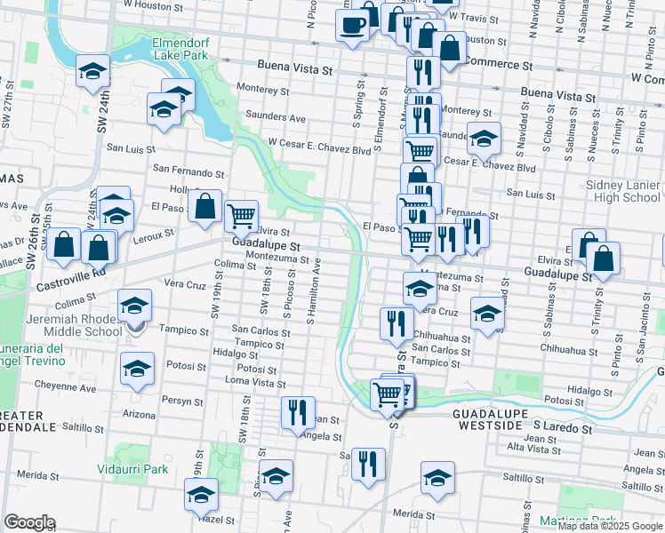 map of restaurants, bars, coffee shops, grocery stores, and more near 1623 Montezuma Street in San Antonio