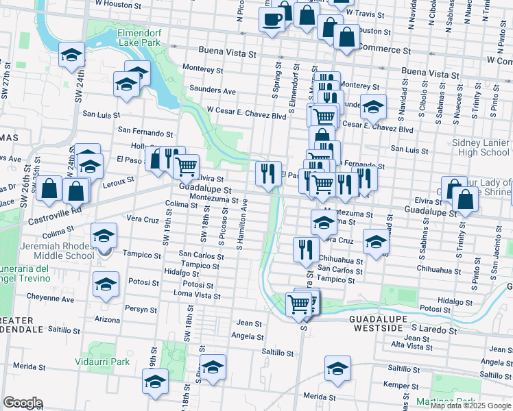 map of restaurants, bars, coffee shops, grocery stores, and more near 1623 Montezuma Street in San Antonio