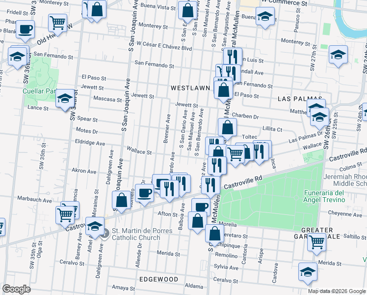 map of restaurants, bars, coffee shops, grocery stores, and more near 830 South San Dario Avenue in San Antonio