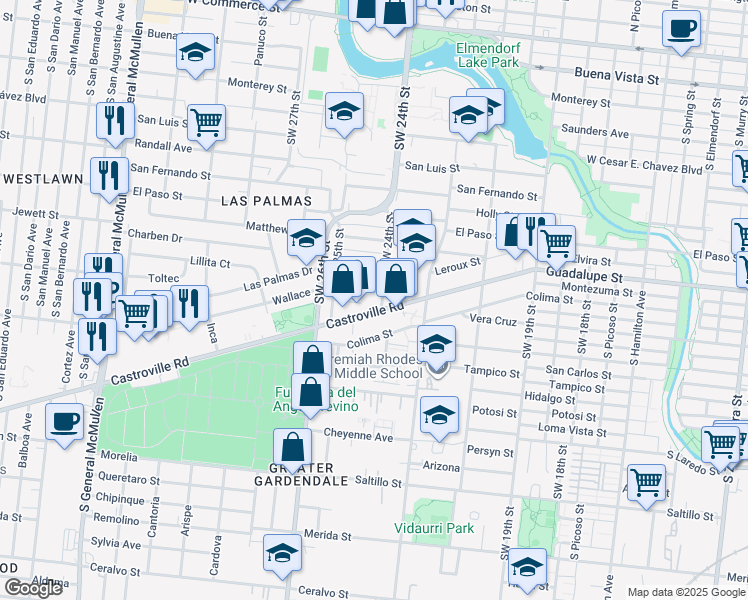 map of restaurants, bars, coffee shops, grocery stores, and more near 1107 Southwest 24th Street in San Antonio
