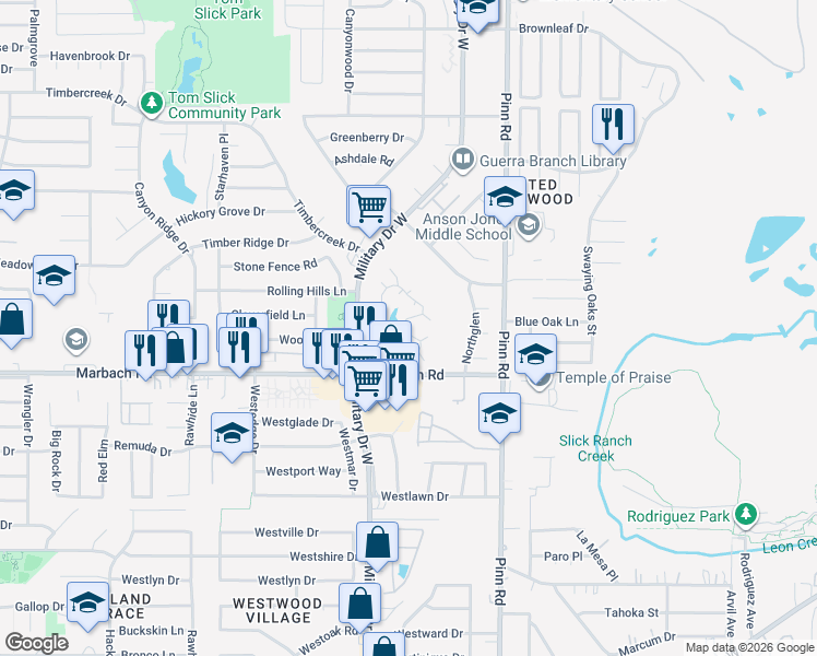 map of restaurants, bars, coffee shops, grocery stores, and more near 62 Pvt Road in San Antonio