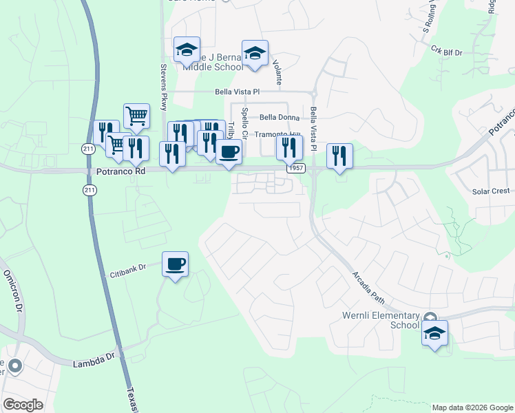map of restaurants, bars, coffee shops, grocery stores, and more near 13955 Silas Creek in San Antonio