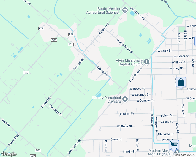 map of restaurants, bars, coffee shops, grocery stores, and more near 3153 County Road 181 in Alvin