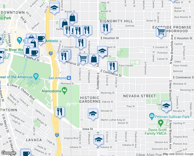 map of restaurants, bars, coffee shops, grocery stores, and more near 129 Omaha Street in San Antonio