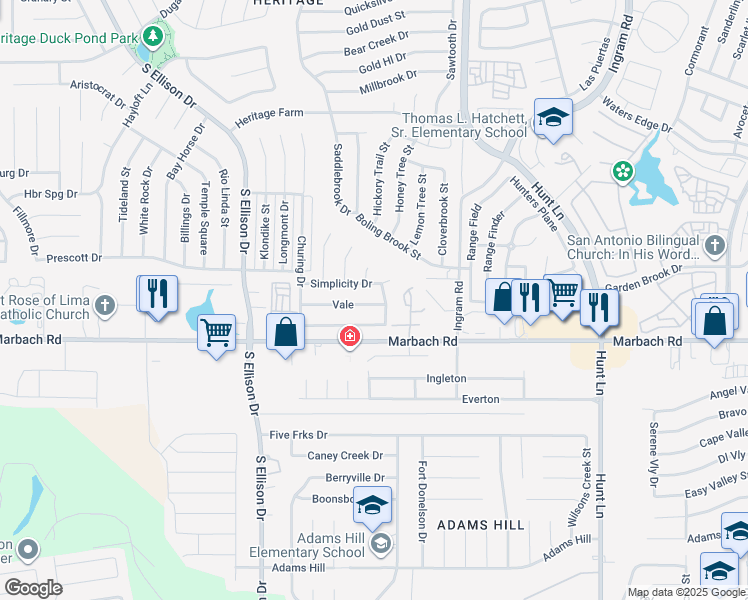 map of restaurants, bars, coffee shops, grocery stores, and more near 9619 Vale in San Antonio