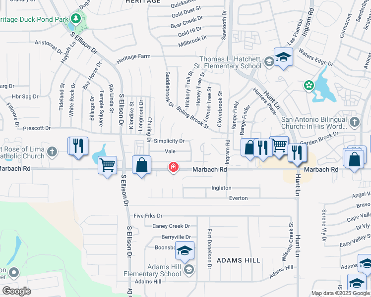 map of restaurants, bars, coffee shops, grocery stores, and more near 9619 Vale in San Antonio