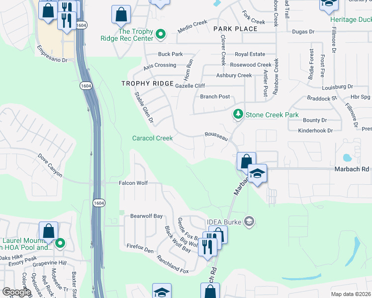 map of restaurants, bars, coffee shops, grocery stores, and more near 1303 Begonia Bluff in San Antonio