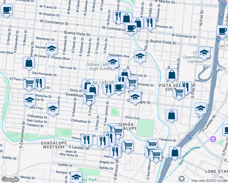 map of restaurants, bars, coffee shops, grocery stores, and more near 1408 El Paso Street in San Antonio