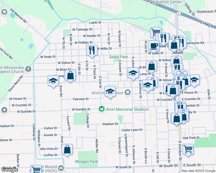 map of restaurants, bars, coffee shops, grocery stores, and more near 1102 West Cleveland Street in Alvin