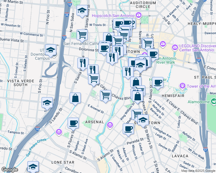 map of restaurants, bars, coffee shops, grocery stores, and more near 506 South Main Avenue in San Antonio