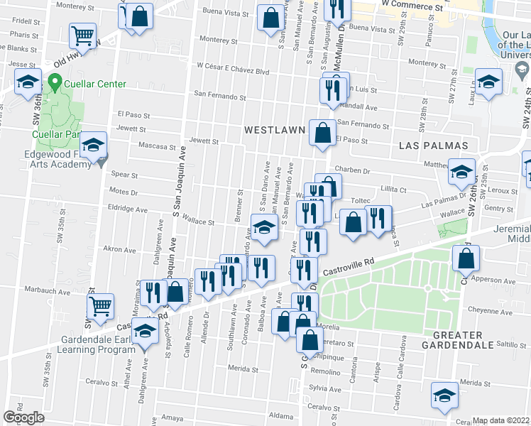 map of restaurants, bars, coffee shops, grocery stores, and more near 830 South San Dario Avenue in San Antonio