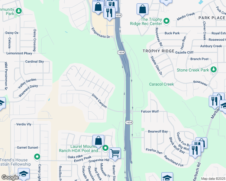 map of restaurants, bars, coffee shops, grocery stores, and more near 1318 Swan Court in San Antonio
