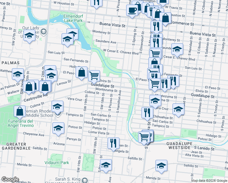 map of restaurants, bars, coffee shops, grocery stores, and more near 1718 Montezuma Street in San Antonio