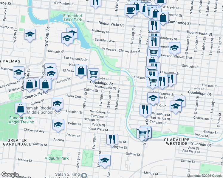map of restaurants, bars, coffee shops, grocery stores, and more near 1718 Montezuma Street in San Antonio