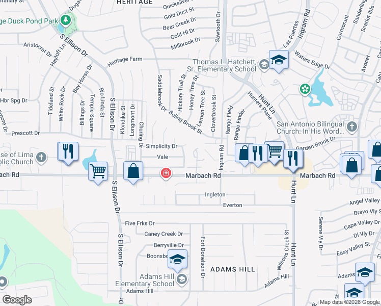 map of restaurants, bars, coffee shops, grocery stores, and more near 61 Autumn Pass in San Antonio