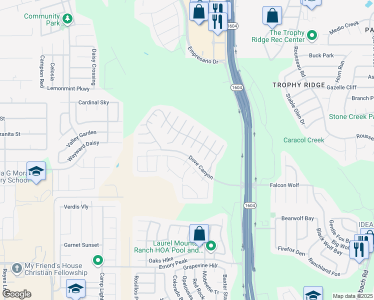 map of restaurants, bars, coffee shops, grocery stores, and more near 1423 Bluejay Court in San Antonio