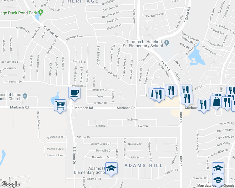 map of restaurants, bars, coffee shops, grocery stores, and more near 61 Autumn Pass in San Antonio