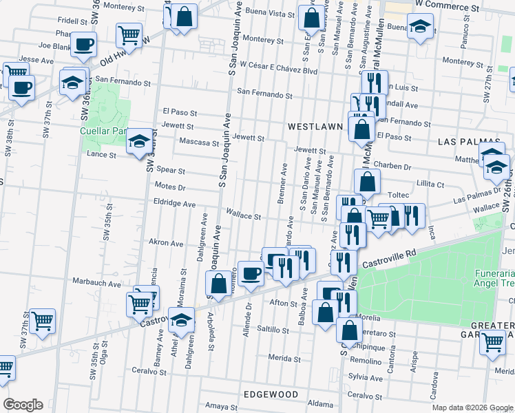 map of restaurants, bars, coffee shops, grocery stores, and more near 1110 Allende Drive in San Antonio