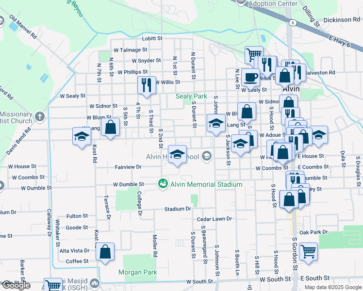 map of restaurants, bars, coffee shops, grocery stores, and more near 1102 West Cleveland Street in Alvin