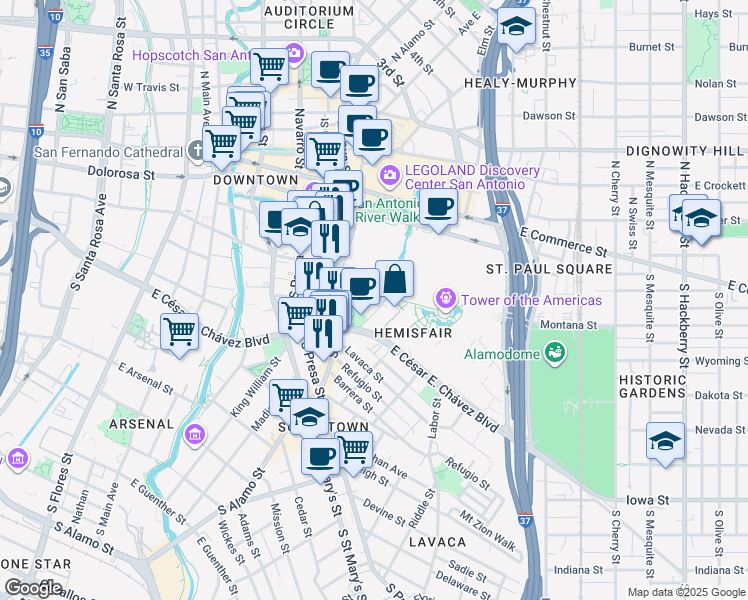map of restaurants, bars, coffee shops, grocery stores, and more near 630 East Nueva Street in San Antonio