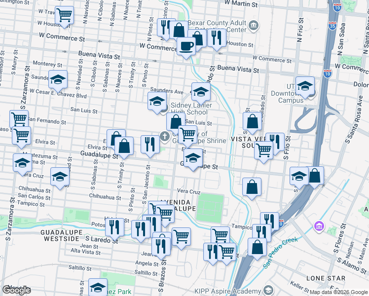 map of restaurants, bars, coffee shops, grocery stores, and more near 1227 El Paso Street in San Antonio