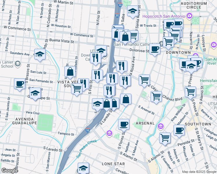 map of restaurants, bars, coffee shops, grocery stores, and more near 160 North Pecos Street in San Antonio