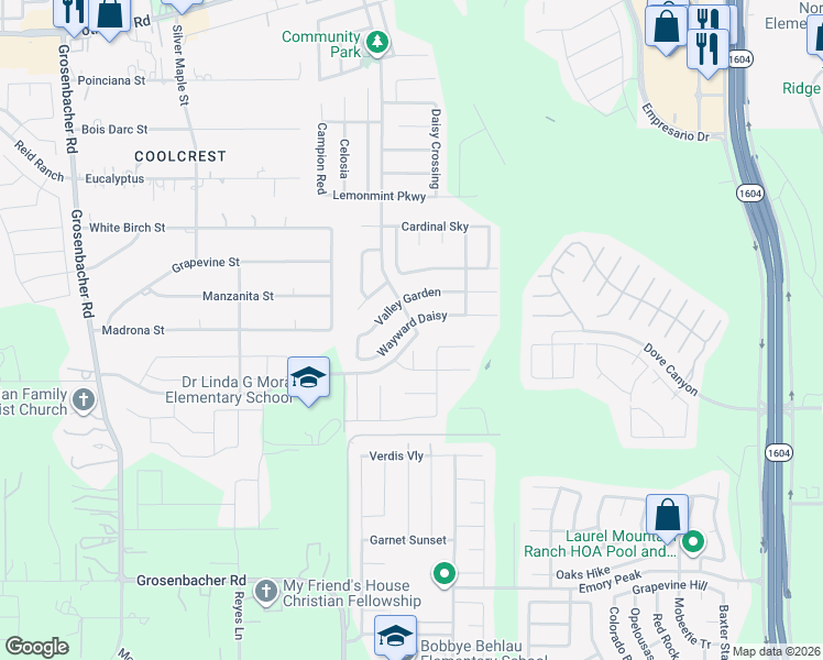map of restaurants, bars, coffee shops, grocery stores, and more near 11702 Wayward Daisy in San Antonio