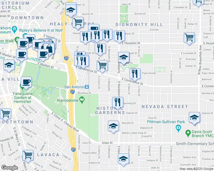 map of restaurants, bars, coffee shops, grocery stores, and more near 207 South Mesquite in San Antonio