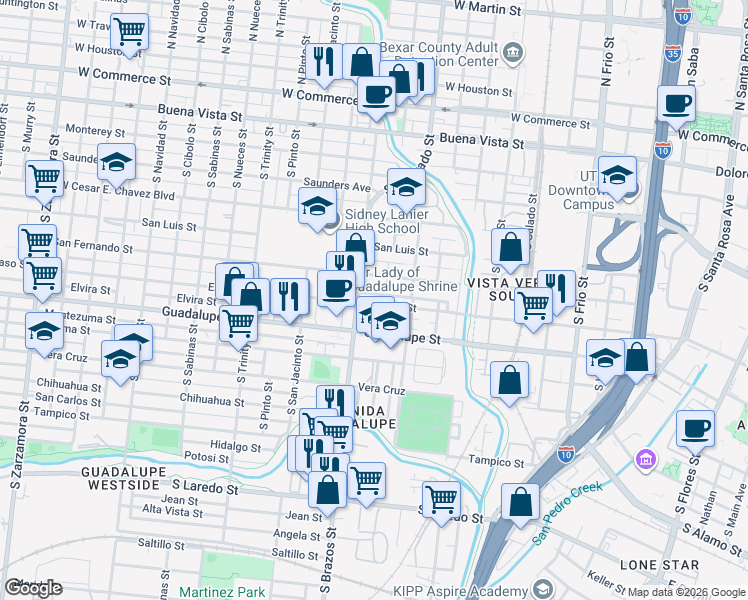 map of restaurants, bars, coffee shops, grocery stores, and more near 1227 El Paso Street in San Antonio