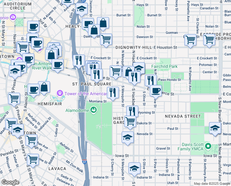map of restaurants, bars, coffee shops, grocery stores, and more near 223 South Cherry Street in San Antonio