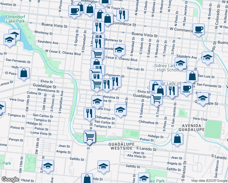 map of restaurants, bars, coffee shops, grocery stores, and more near 2307 Guadalupe Street in San Antonio