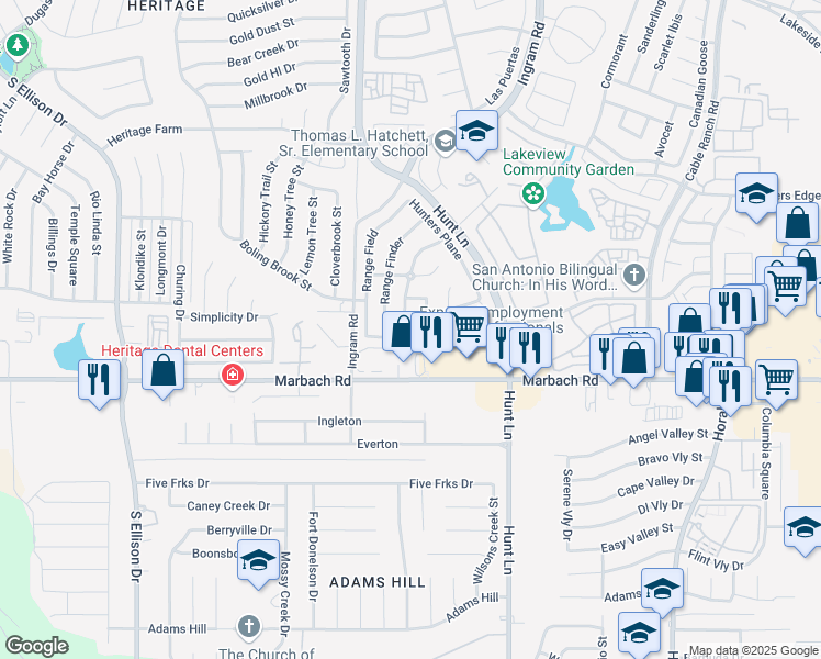 map of restaurants, bars, coffee shops, grocery stores, and more near 1530 Ambush Creek in San Antonio