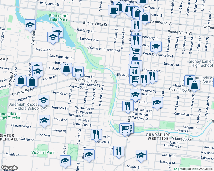 map of restaurants, bars, coffee shops, grocery stores, and more near 1623 Montezuma Street in San Antonio