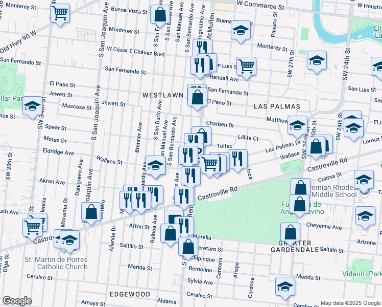 map of restaurants, bars, coffee shops, grocery stores, and more near 816 South San Augustine Avenue in San Antonio