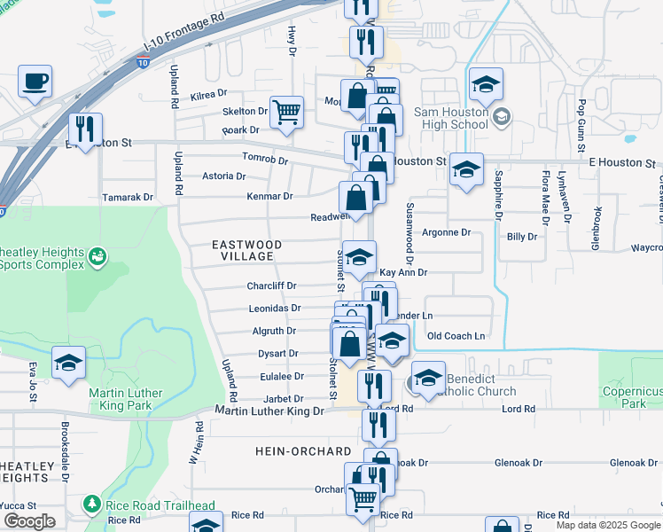 map of restaurants, bars, coffee shops, grocery stores, and more near 208 Shelburn Drive in San Antonio