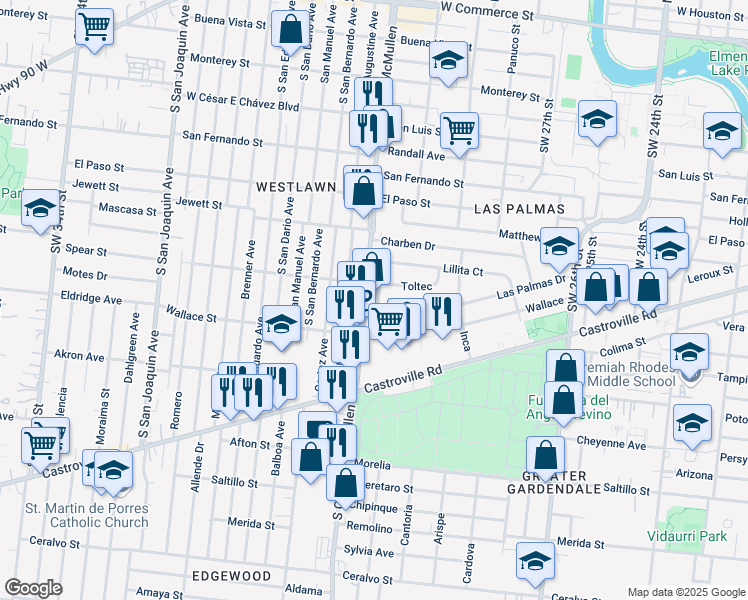 map of restaurants, bars, coffee shops, grocery stores, and more near 406 Las Palmas Drive in San Antonio