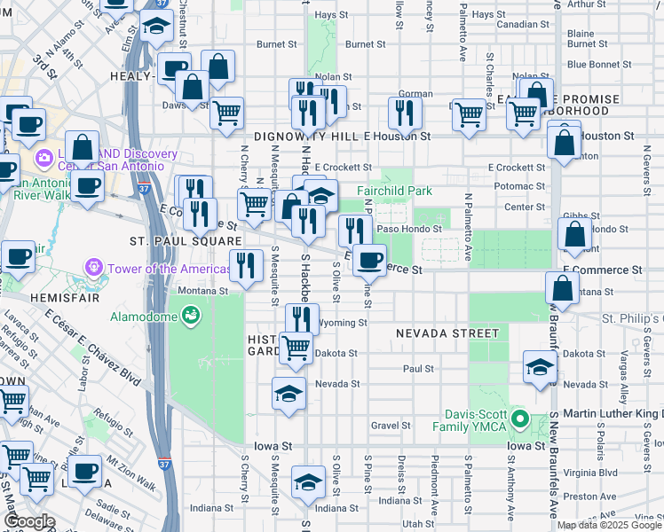 map of restaurants, bars, coffee shops, grocery stores, and more near 113 South Olive Street in San Antonio