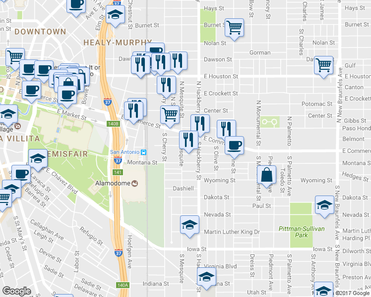 map of restaurants, bars, coffee shops, grocery stores, and more near 207 South Mesquite in San Antonio